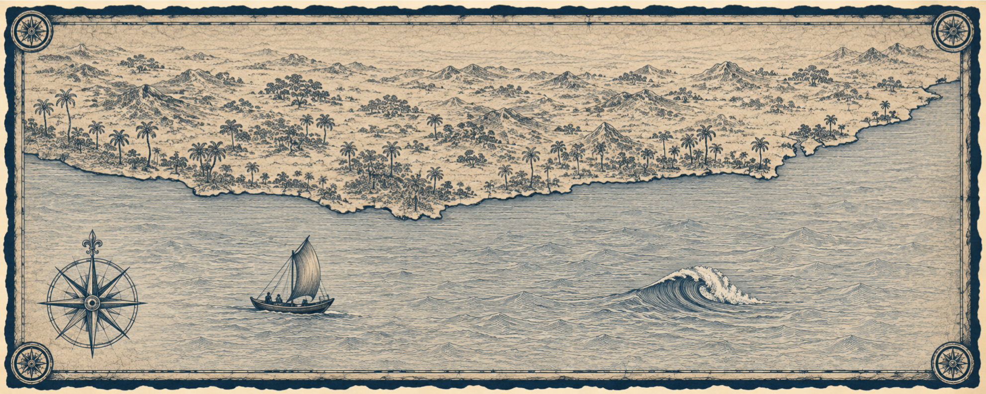 Illustrated navy-and-parchment map of Ghana, in the style of an antique nautical chart.