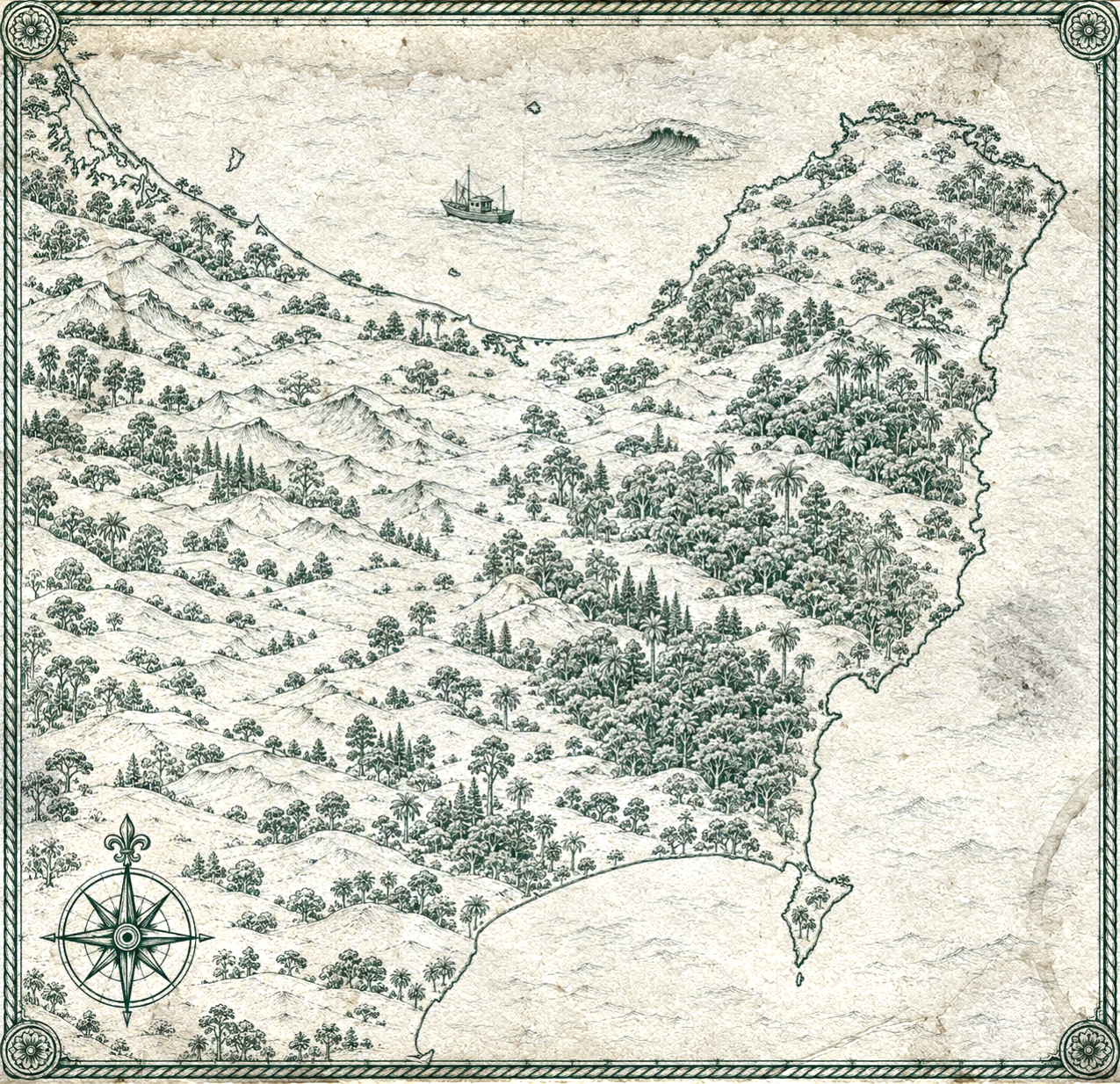 Illustrated map of Gisborne and the Bay of Plenty, in the style of an antique nautical chart.
