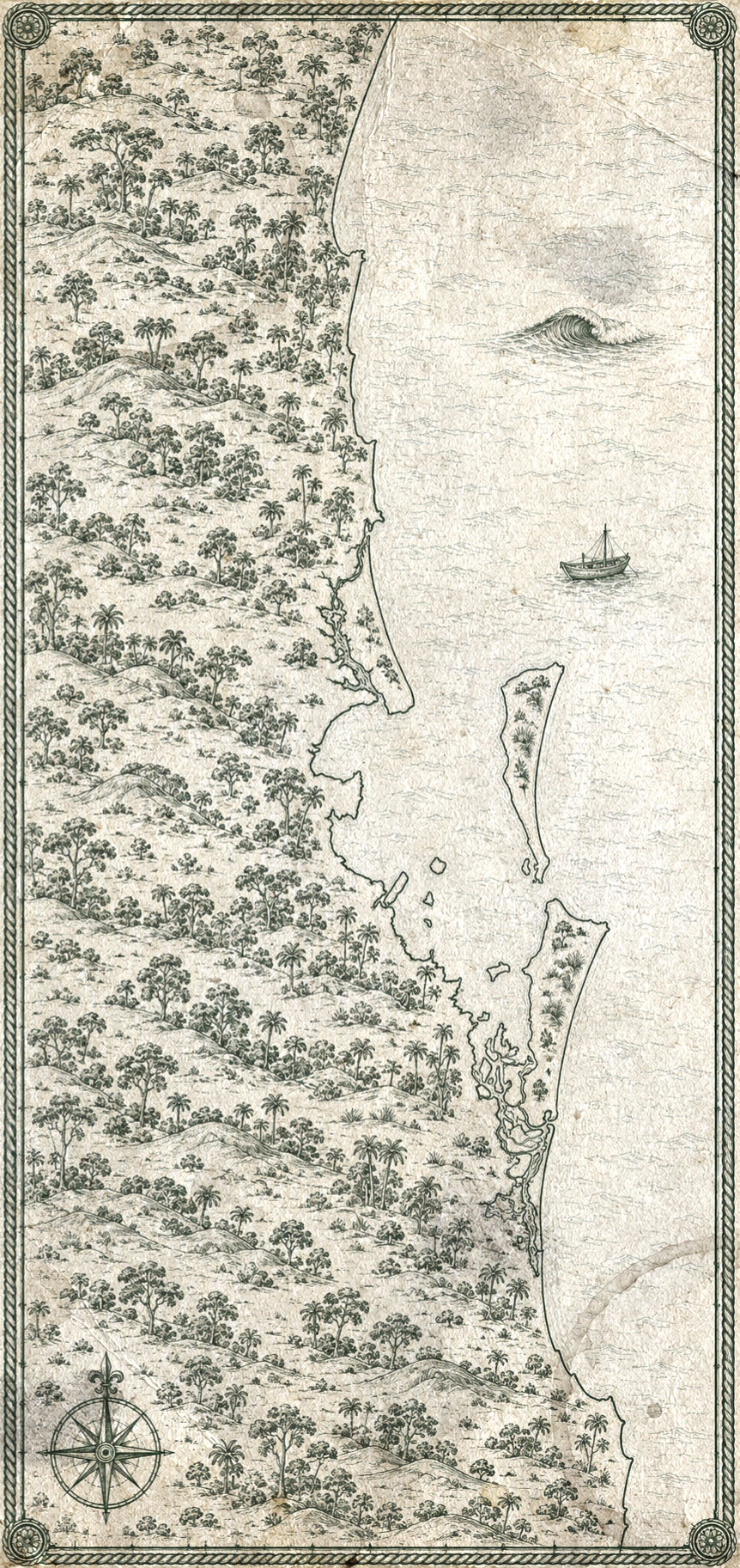 Illustrated map of the Gold Coast and Sunshine Coast, in the style of an antique nautical chart.