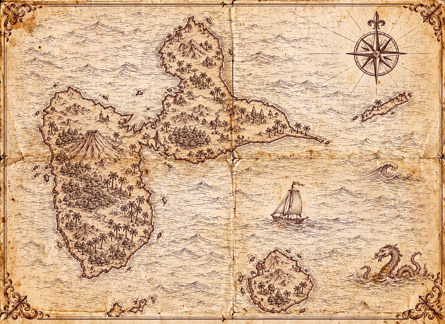 Illustrated burgundy-ink map of Guadeloupe's butterfly-shaped islands, in the style of an antique nautical chart.