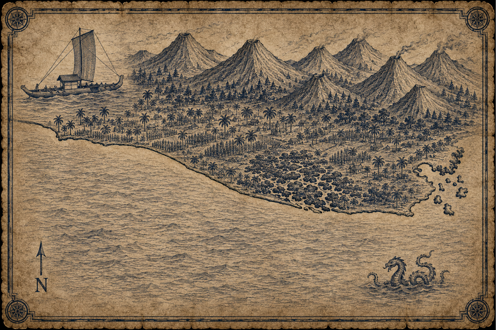 Illustrated navy-and-parchment map of Guatemala's Pacific coast, in the style of an antique nautical chart.