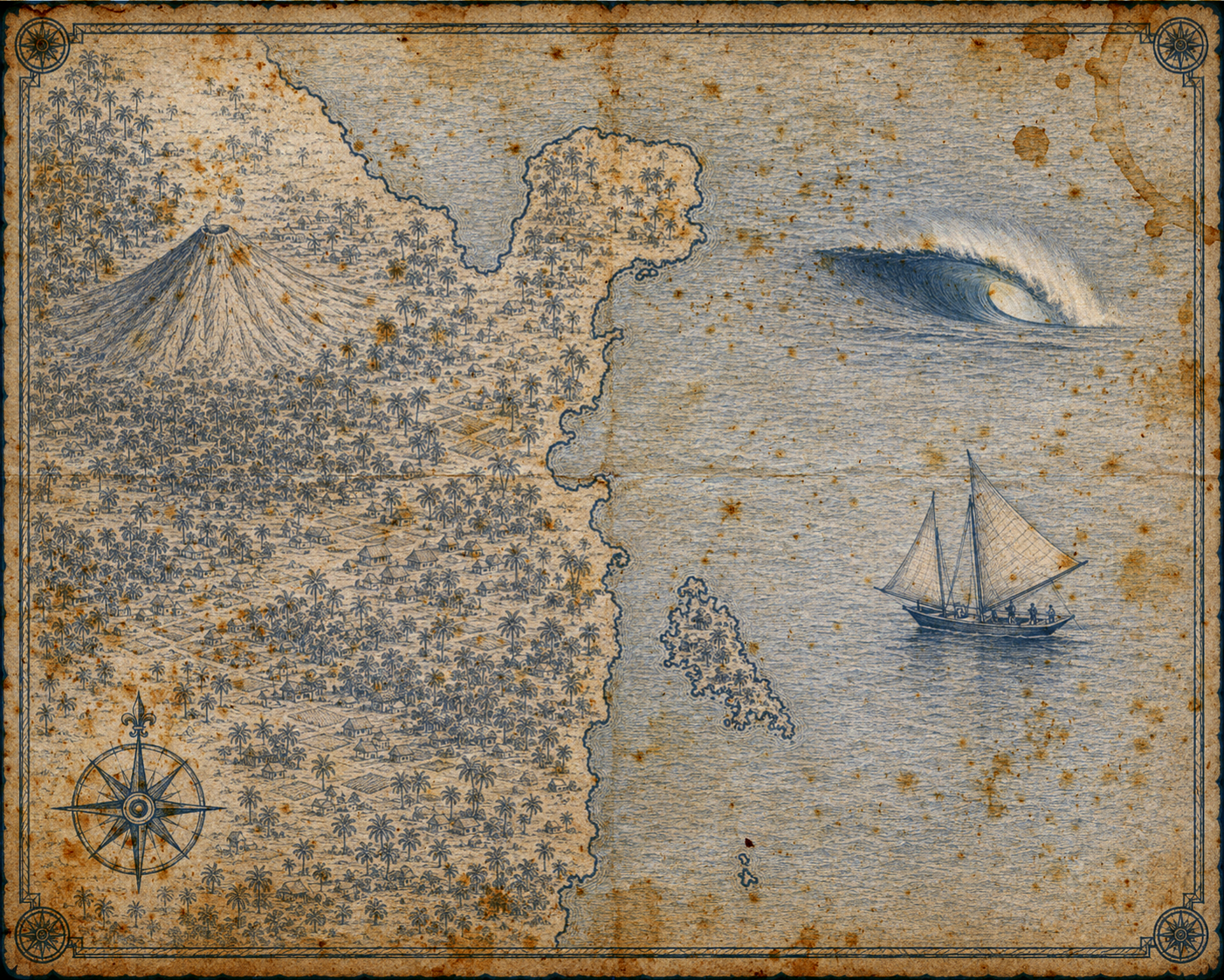 Illustrated navy-and-parchment map of Sorsogon province, Bicol Region, Luzon, in the style of an antique nautical chart.