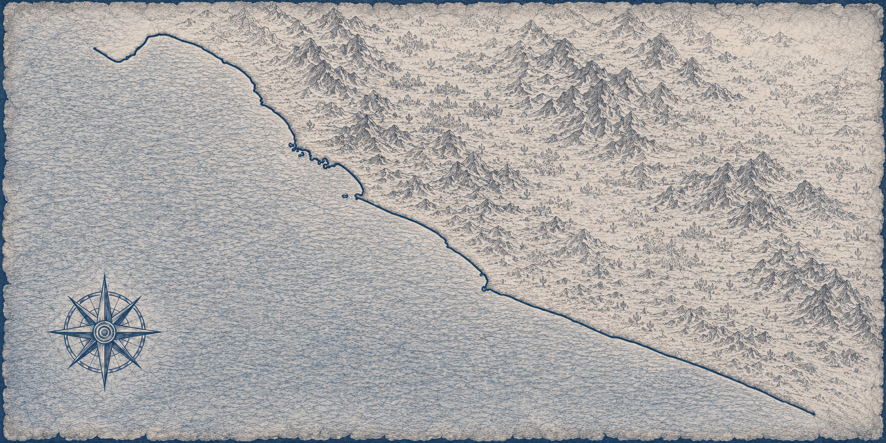 Illustrated navy-and-parchment map of Guerrero's surf coast, in the style of an antique nautical chart.