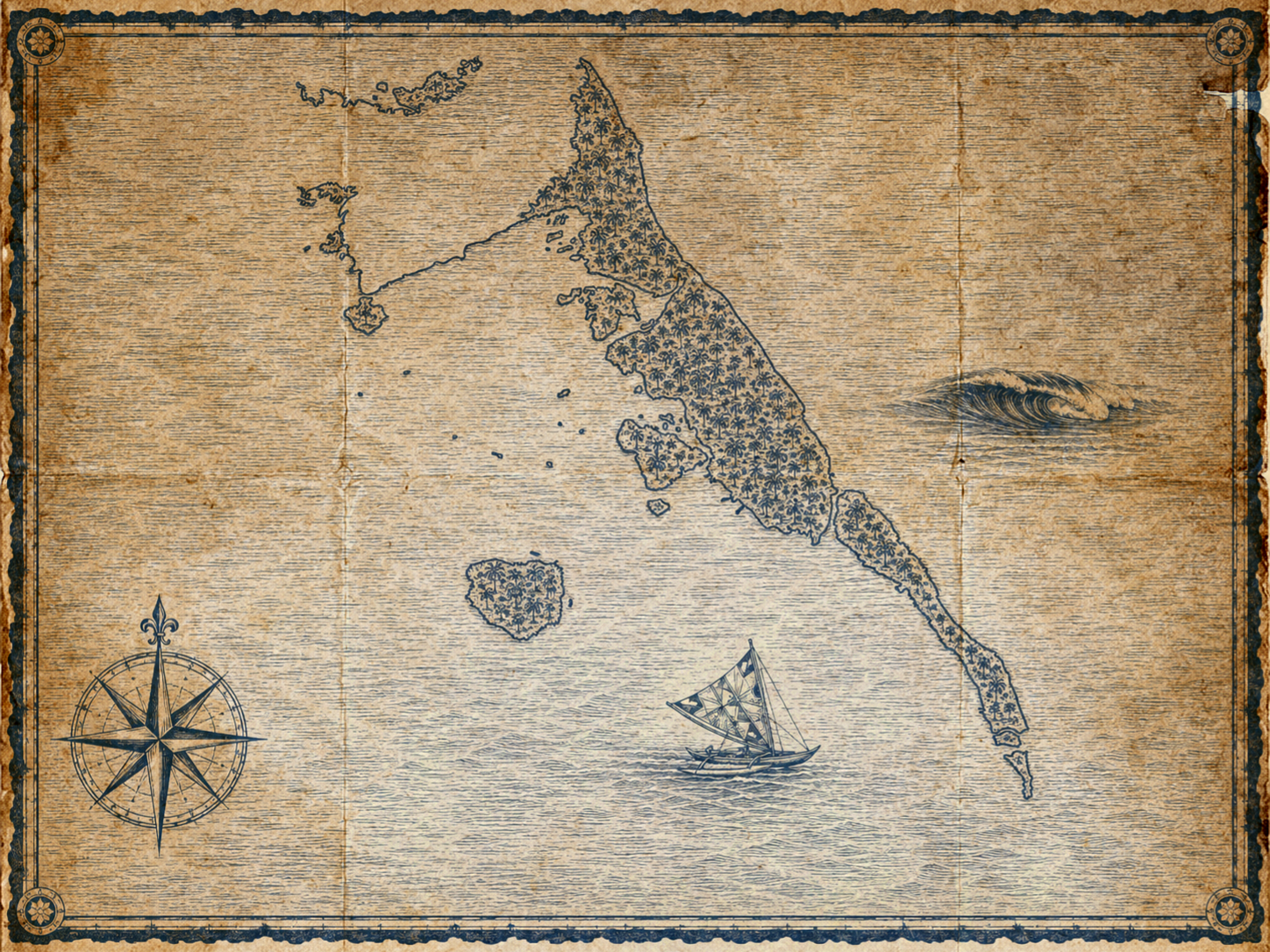 Illustrated navy-and-parchment map of Eastern Samar province, Visayas, Philippines, in the style of an antique nautical chart.