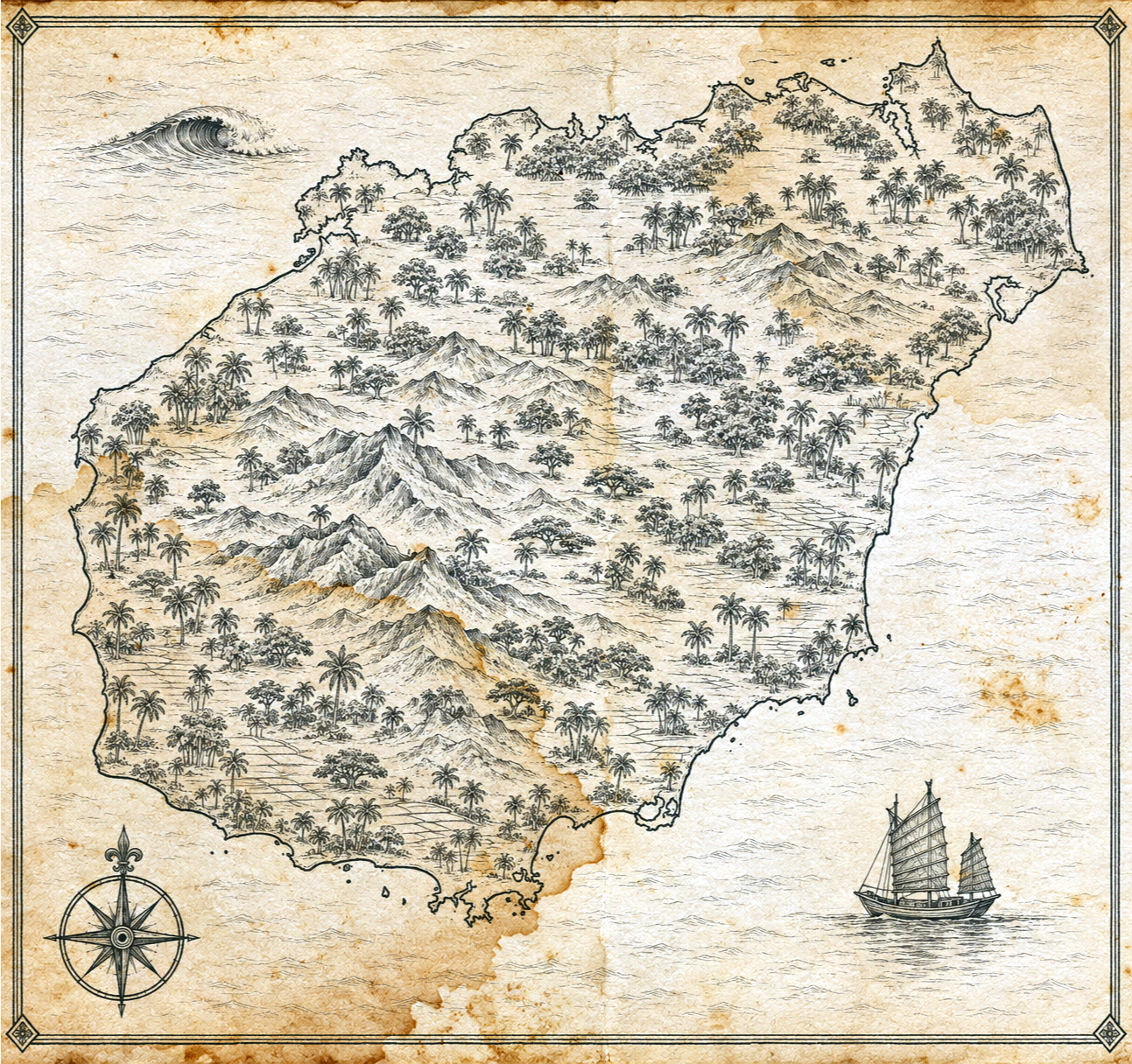 Illustrated map of Hainan Island, in the style of an antique nautical chart.