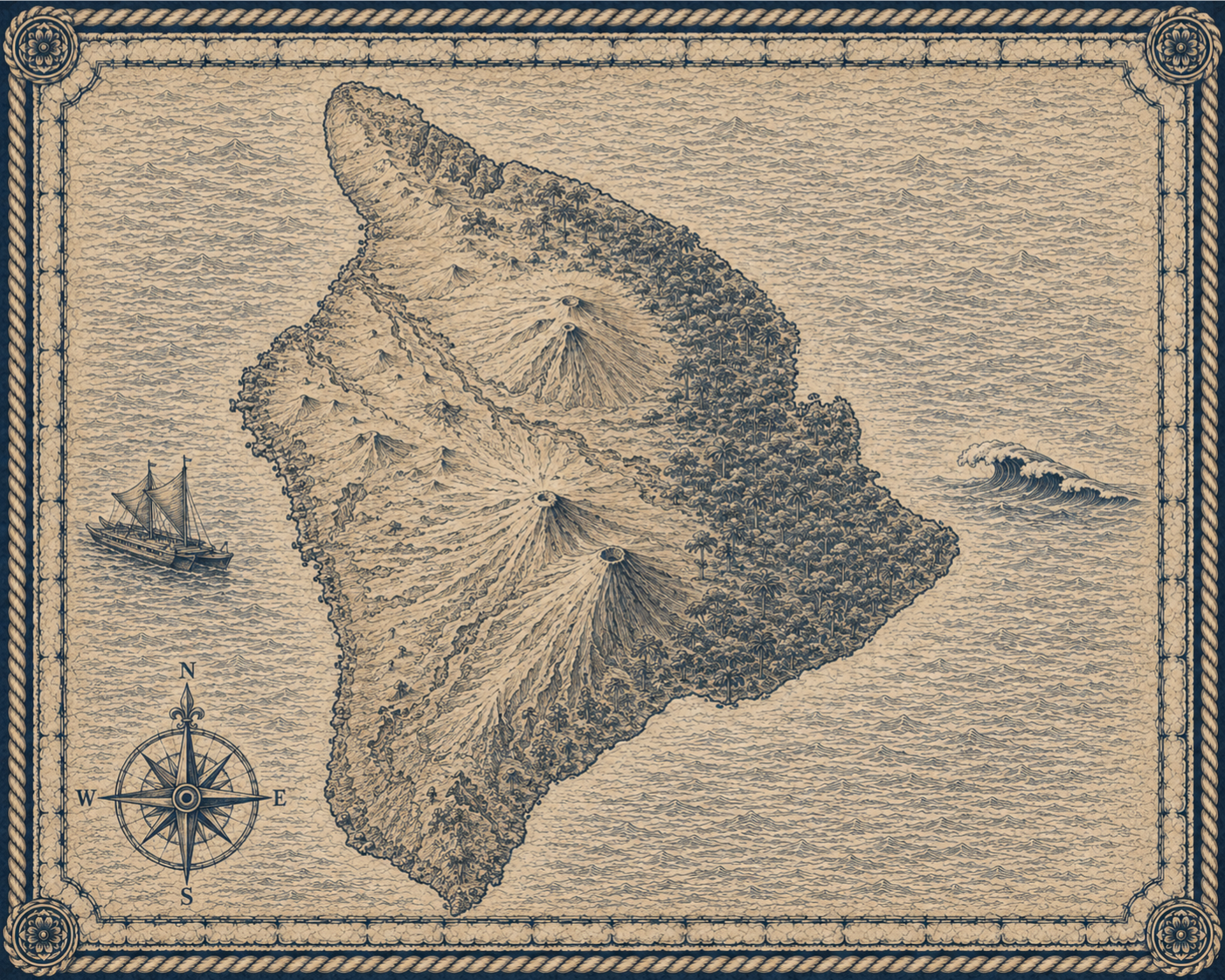 Illustrated navy-and-parchment map, in the style of an antique nautical chart.