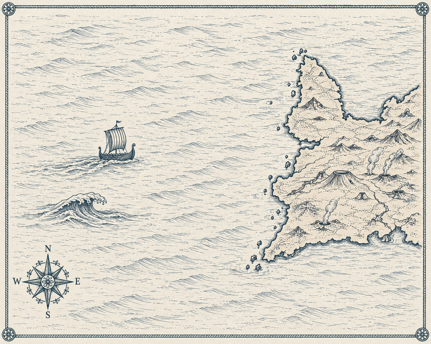 Illustrated navy-ink map of Iceland's Reykjanes Peninsula, in the style of an antique hand-drawn chart.