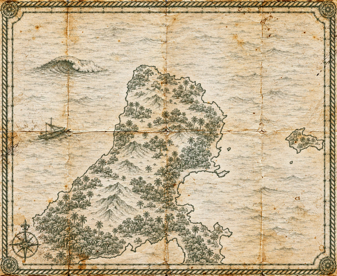 Illustrated olive-green-ink map of Ilhabela, in the style of an antique nautical chart.