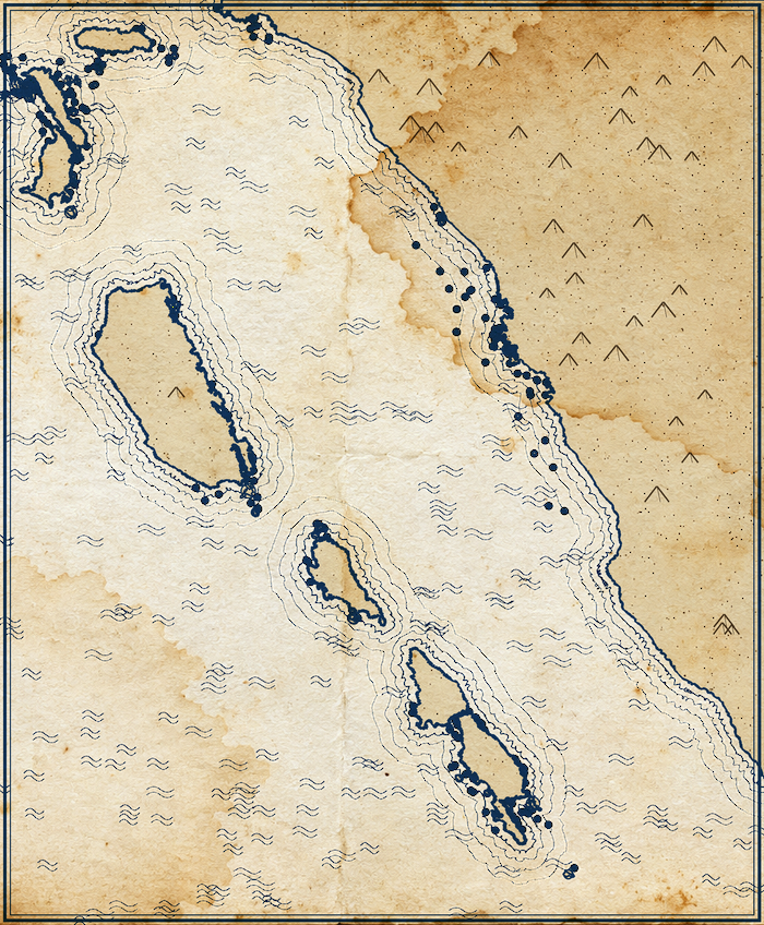Outline of West Sumatra and the Mentawai Islands: Padang on the mainland coast and the islands to the south-west