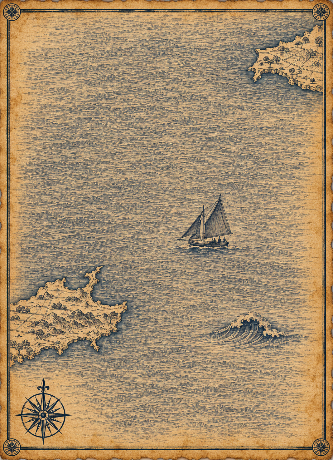 Illustrated ink-on-parchment map of the Clare coast and the Antrim coast, in the style of an antique nautical chart.