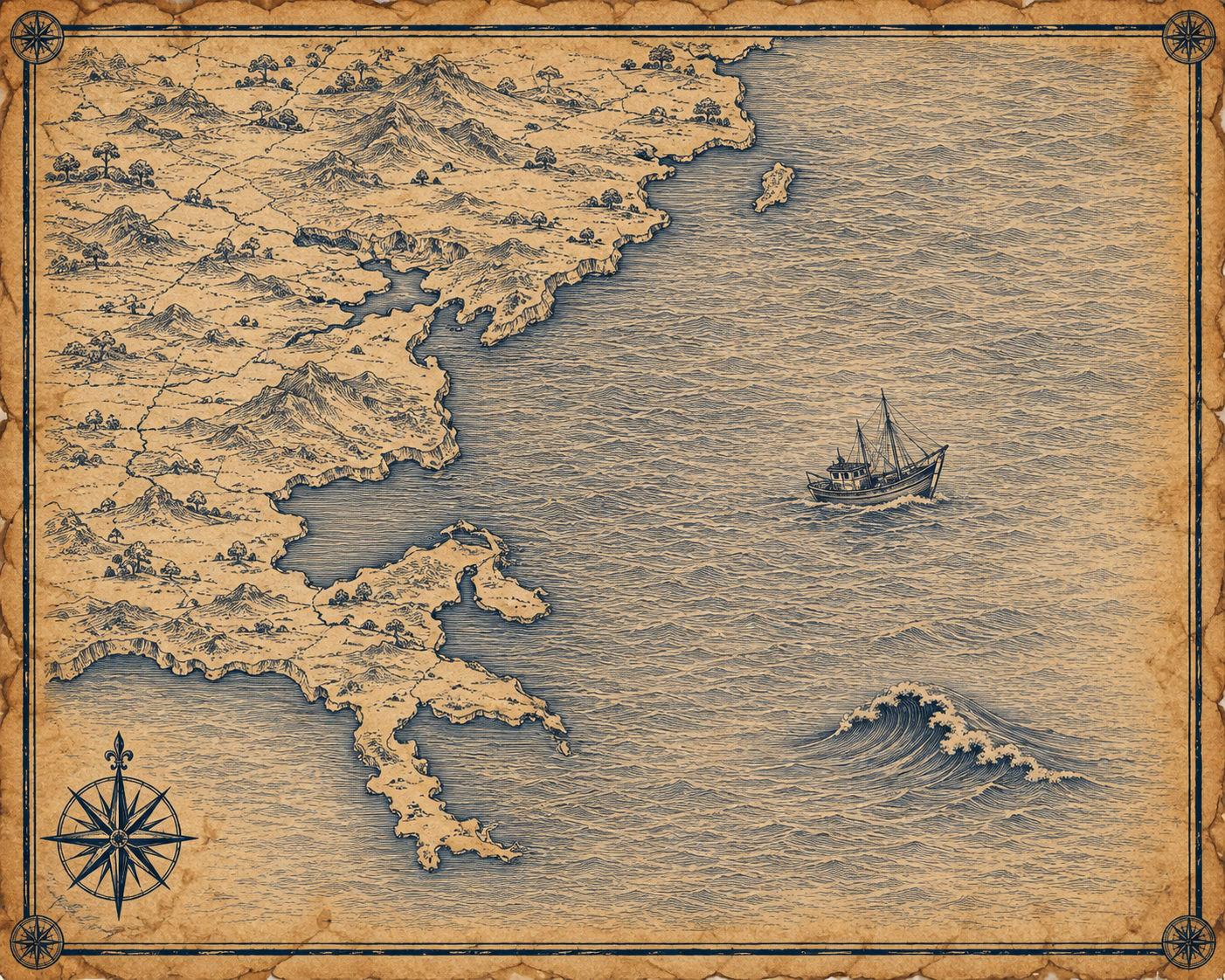 Illustrated ink-on-parchment map of the Donegal and Sligo coast, in the style of an antique nautical chart.
