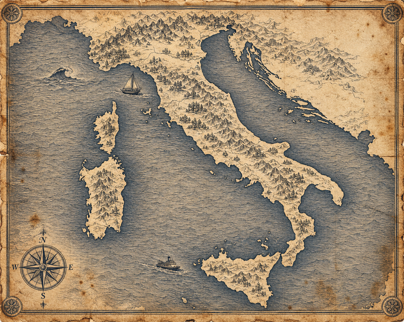 Illustrated ink-on-parchment map of the Italian peninsula and Sicily, in the style of an antique nautical chart.