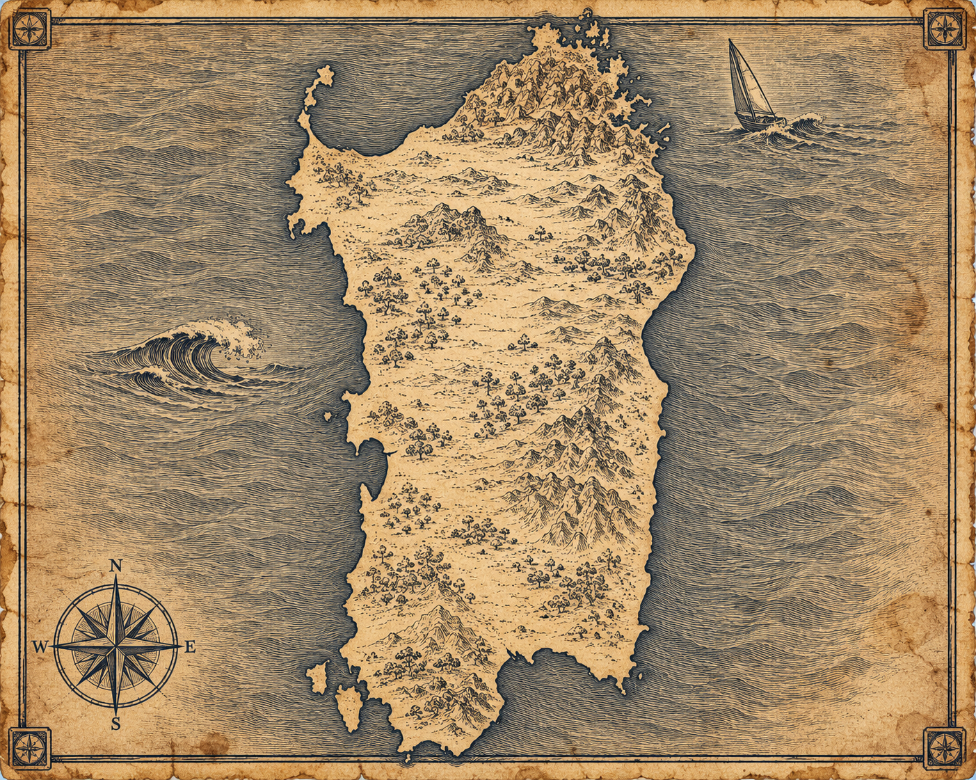 Illustrated ink-on-parchment map of Sardinia, in the style of an antique nautical chart.