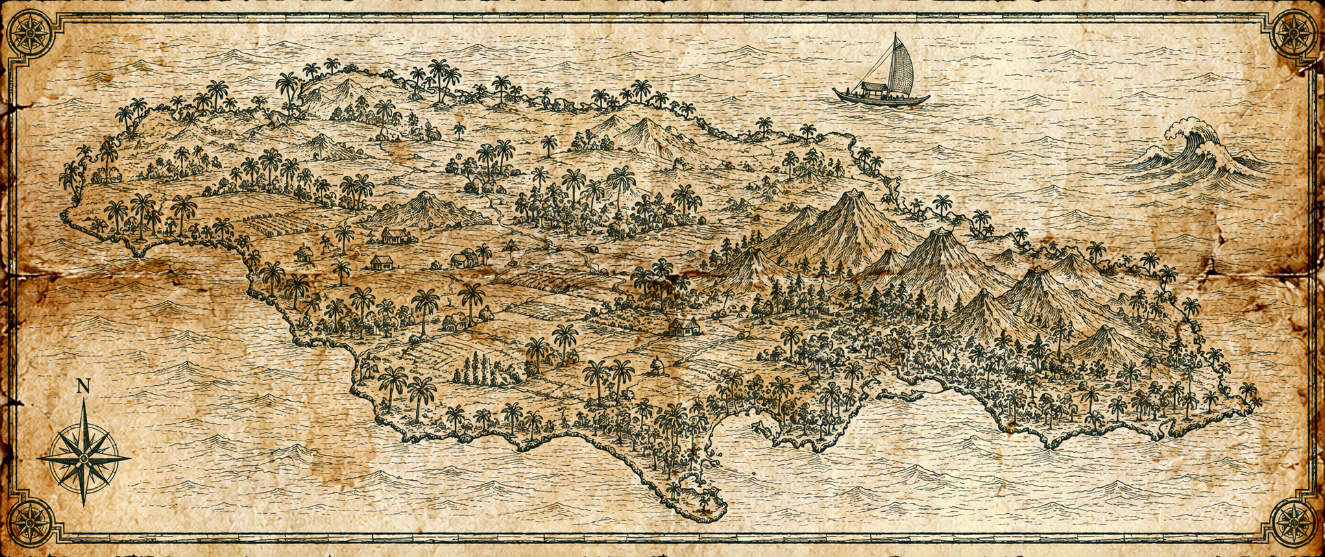 Illustrated ink map of Jamaica, in the style of an antique nautical chart.