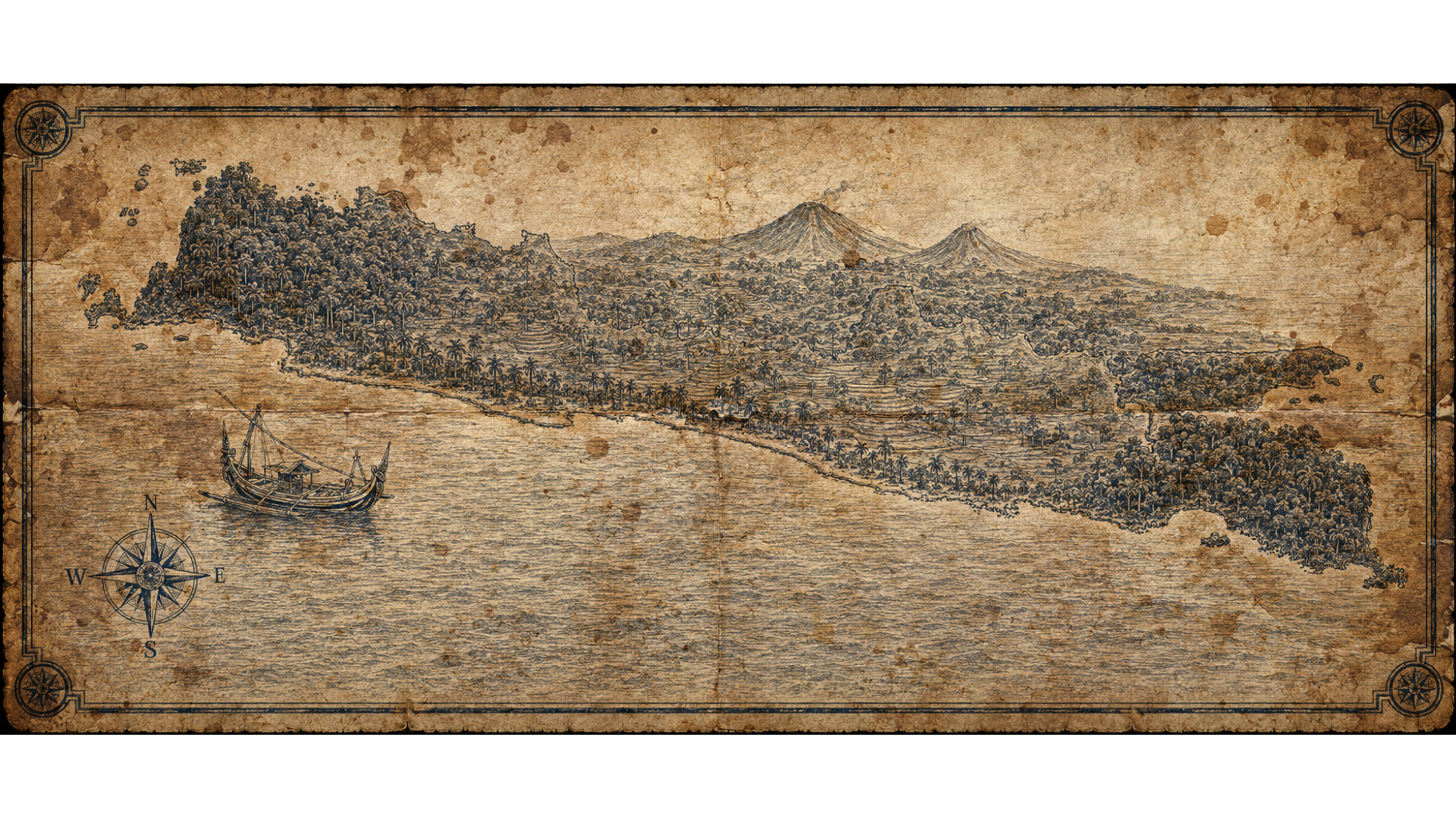 Illustrated navy-and-parchment map of Java's south coast, in the style of an antique nautical chart.