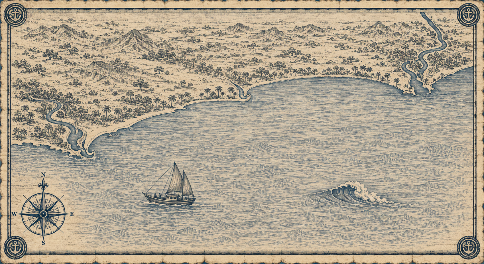Illustrated navy-and-parchment map of Jbay Garden Route, in the style of an antique nautical chart.