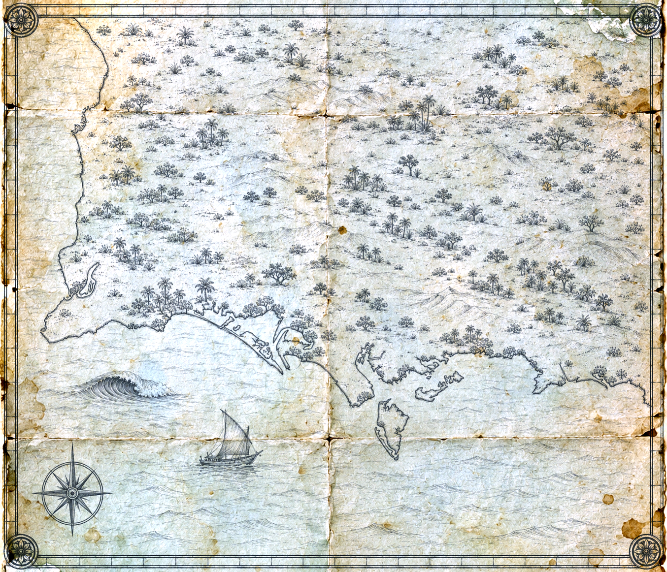 Illustrated map of Karachi, in the style of an antique nautical chart.