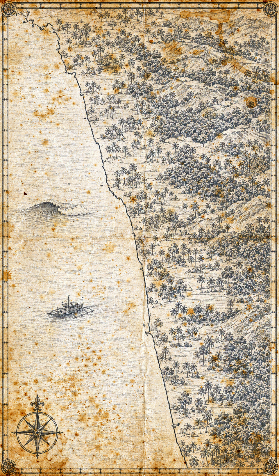 Illustrated map of Karnataka and the Konkan Coast, in the style of an antique nautical chart.