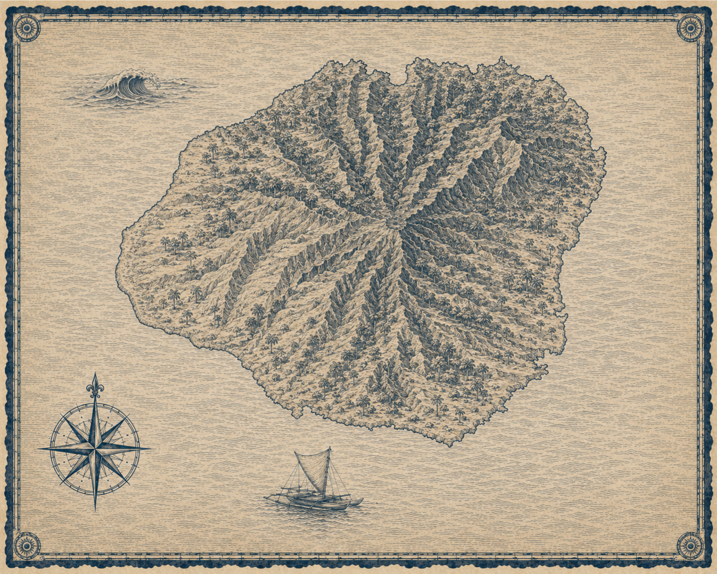 Illustrated navy-and-parchment map, in the style of an antique nautical chart.