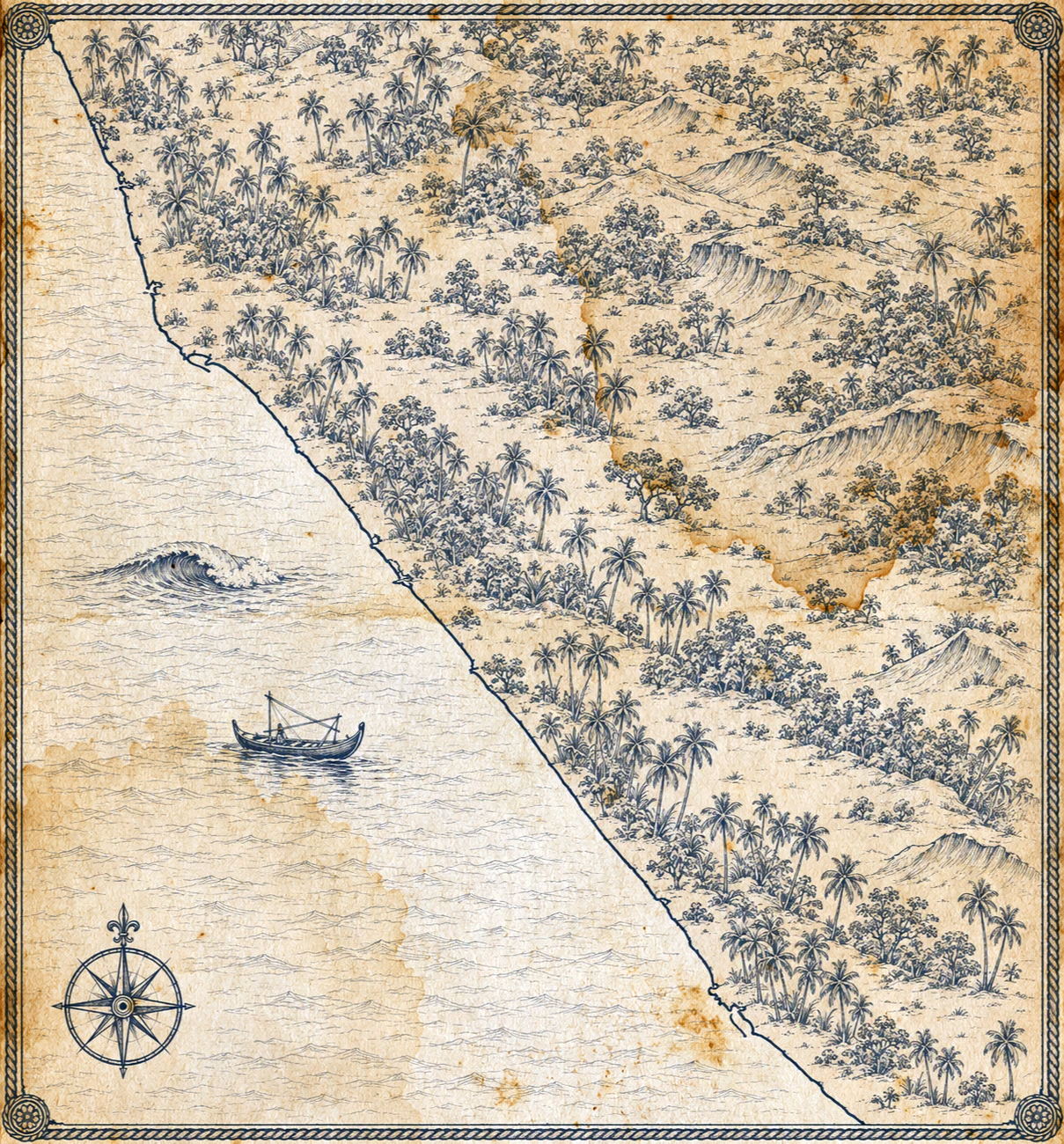 Illustrated map of Kerala and India's southwest coast, in the style of an antique nautical chart.
