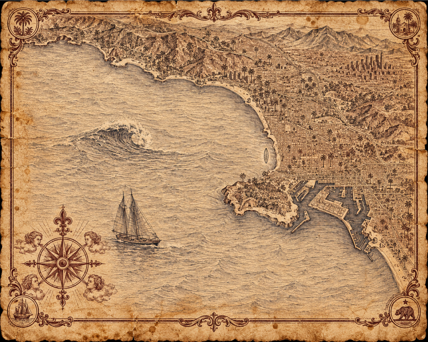 Illustrated navy-and-parchment map of the LA coastline, in the style of an antique nautical chart.