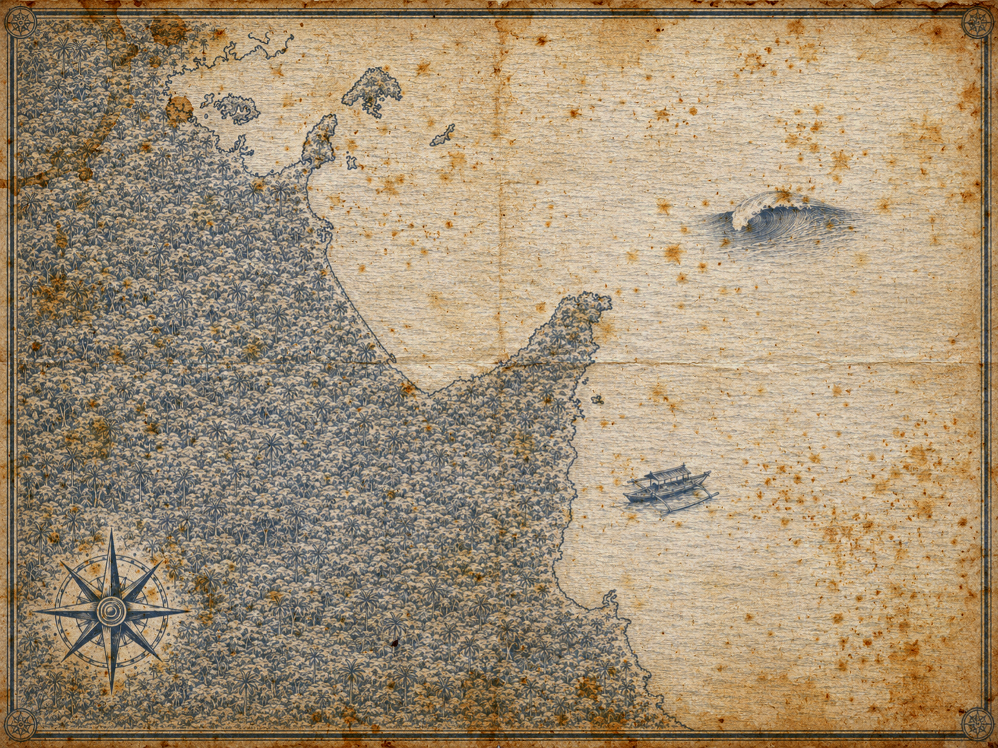 Illustrated navy-and-parchment map of Surigao del Sur province, Mindanao, Philippines, in the style of an antique nautical chart.