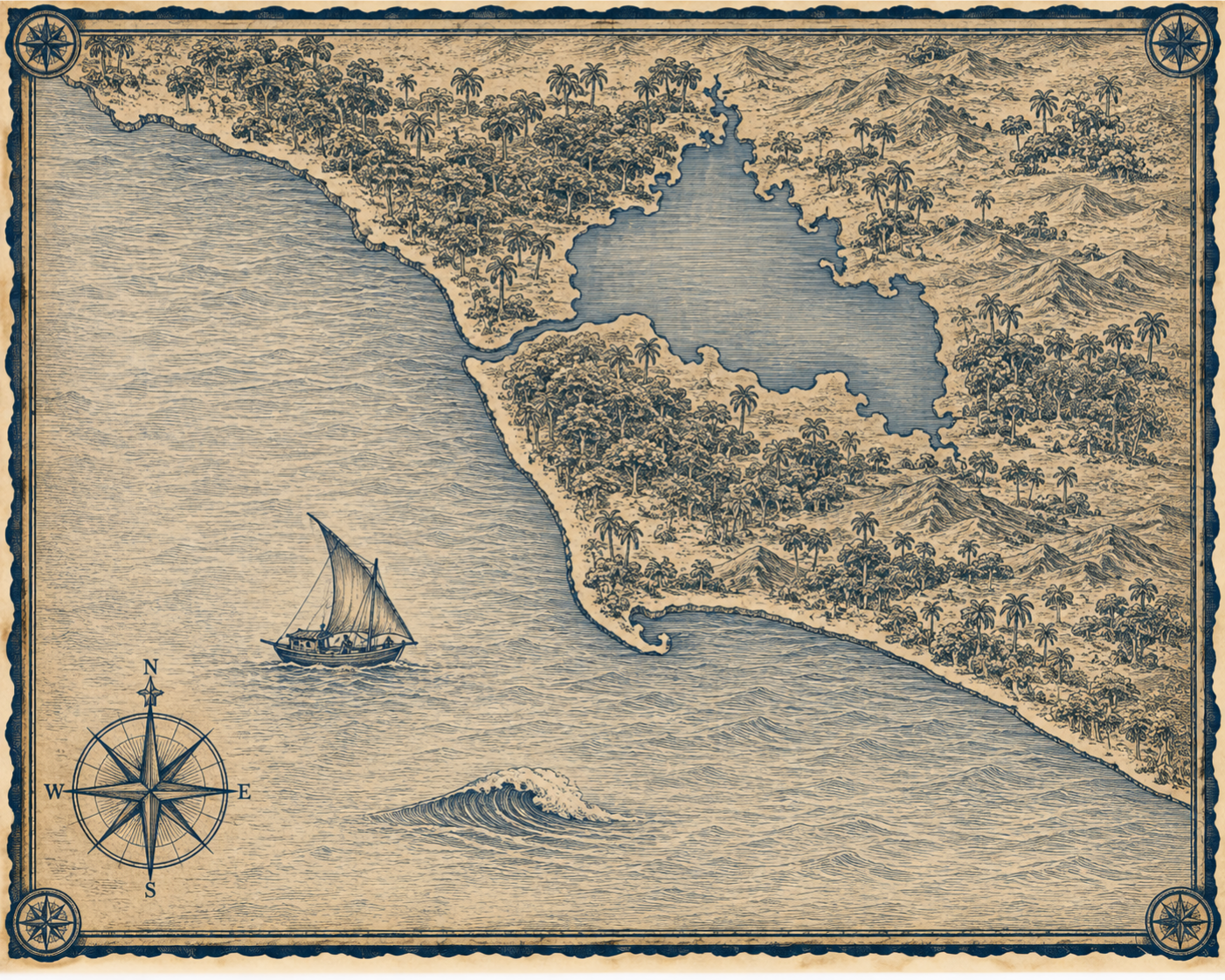 Illustrated navy-and-parchment map of Liberia, in the style of an antique nautical chart.