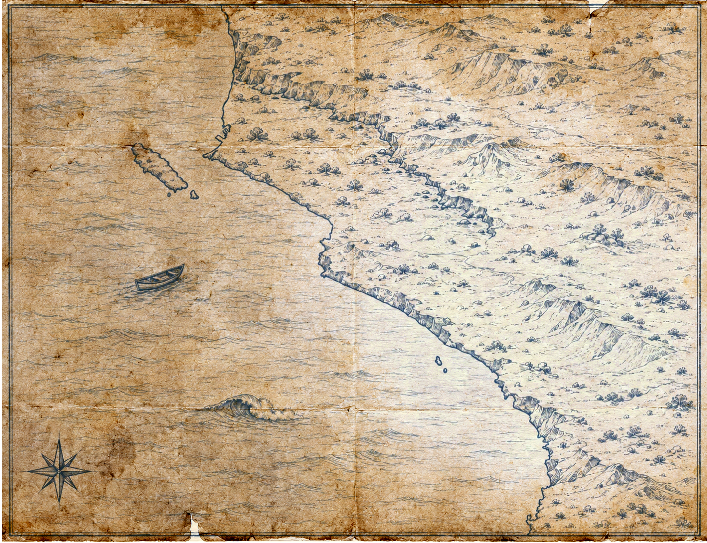 Illustrated indigo-blue-ink map of Lima & South Coast, Peru, in the style of an antique nautical chart.