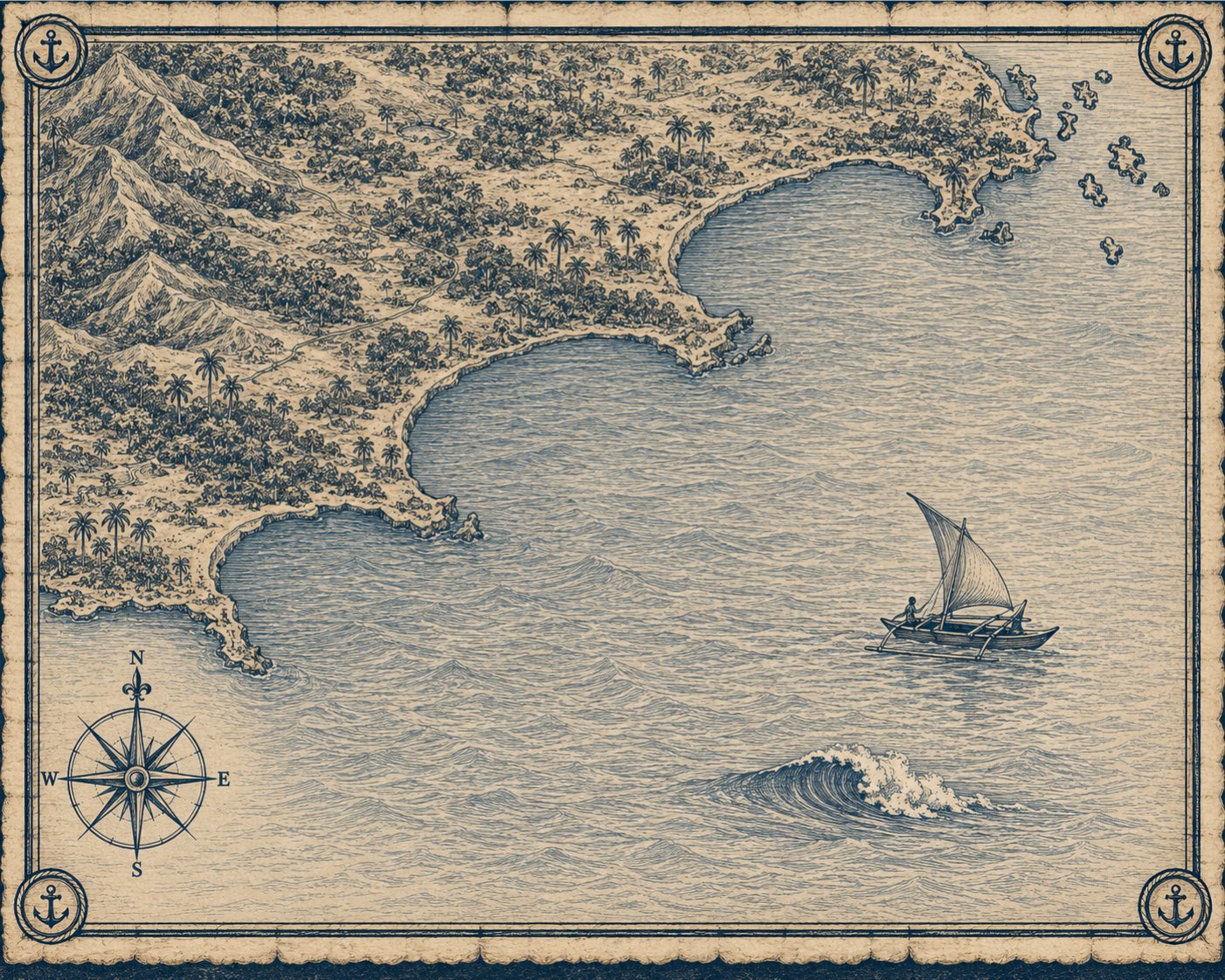 Illustrated navy-and-parchment map of Madagascar, in the style of an antique nautical chart.