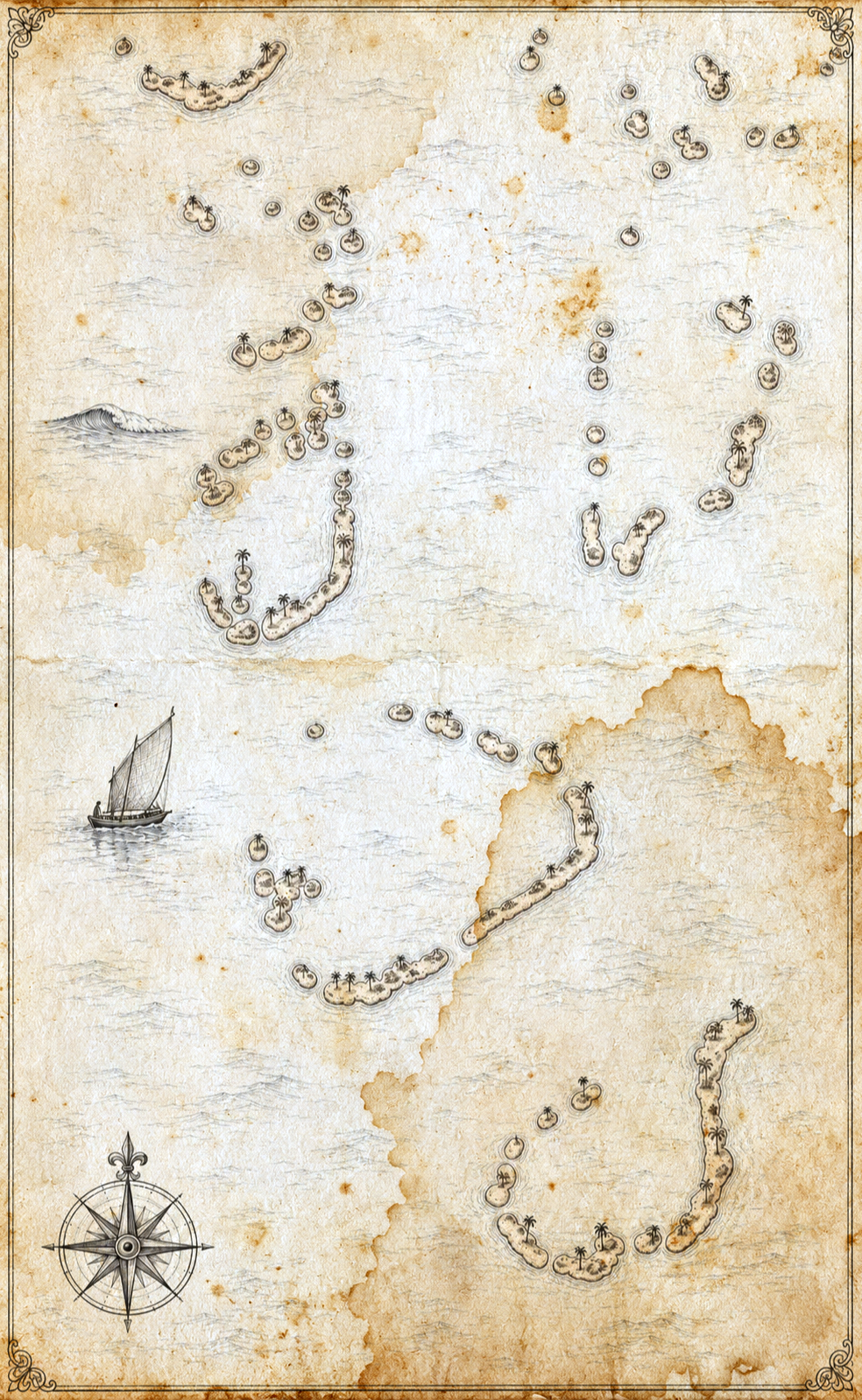 Illustrated map of the Central Atolls of the Maldives, in the style of an antique nautical chart.