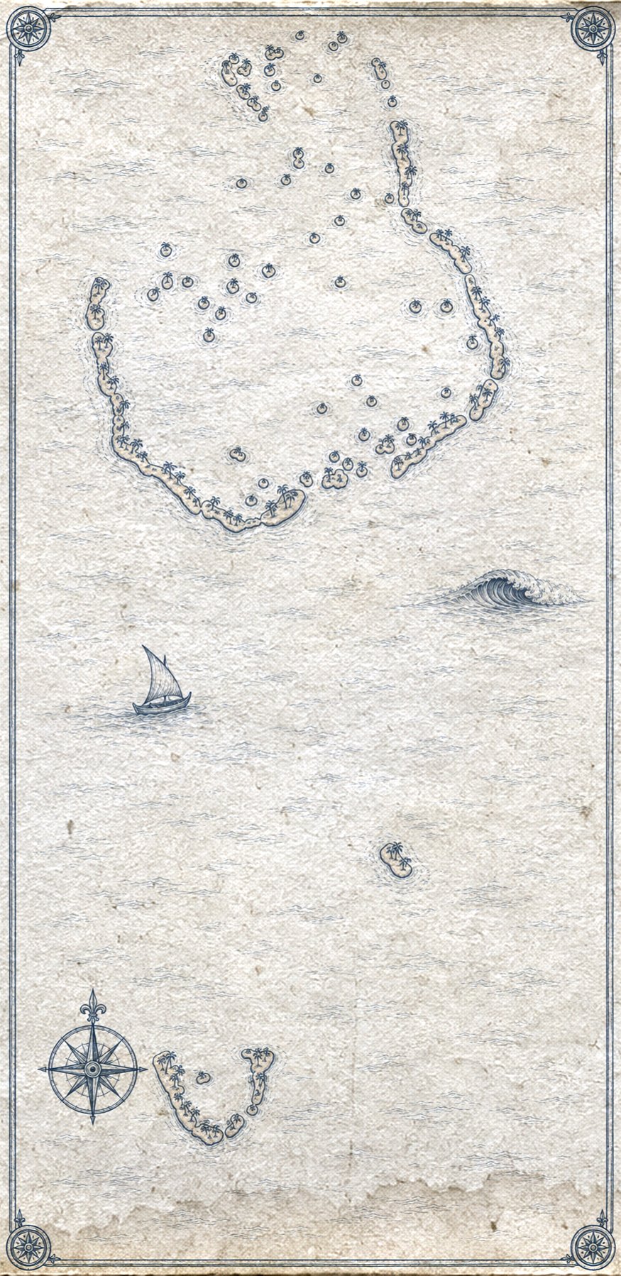 Illustrated map of the Southern Atolls of the Maldives, in the style of an antique nautical chart.