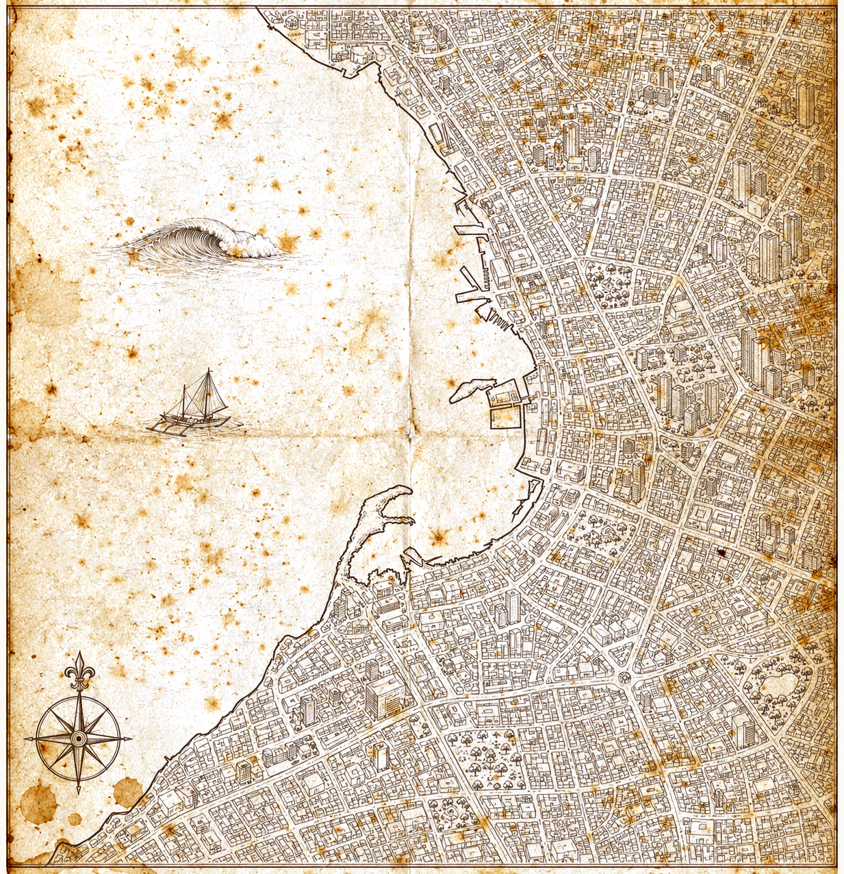 Illustrated map of Manila Bay and the Manila shoreline, in the style of an antique nautical chart.