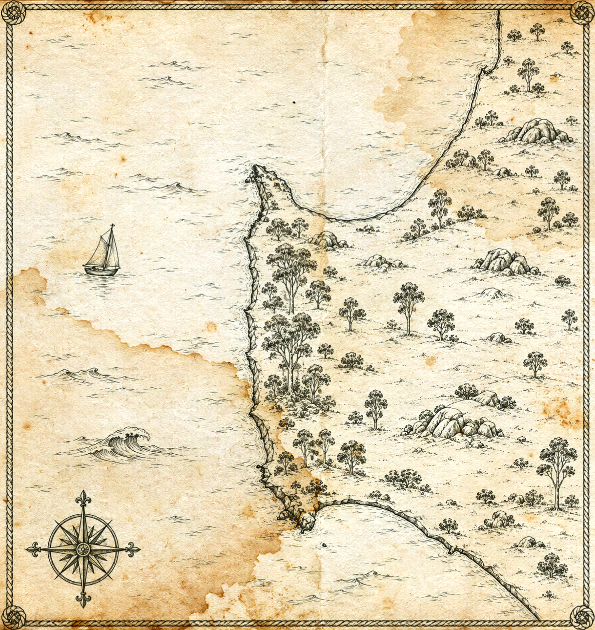 Illustrated map of Margaret River and the South West, in the style of an antique nautical chart.