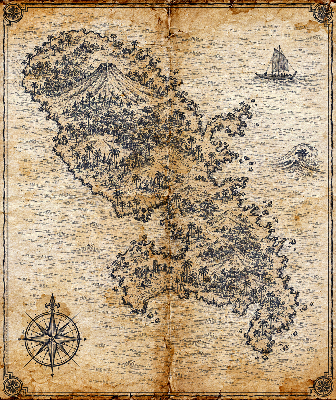 Illustrated navy-ink map of Martinique, in the style of an antique nautical chart.