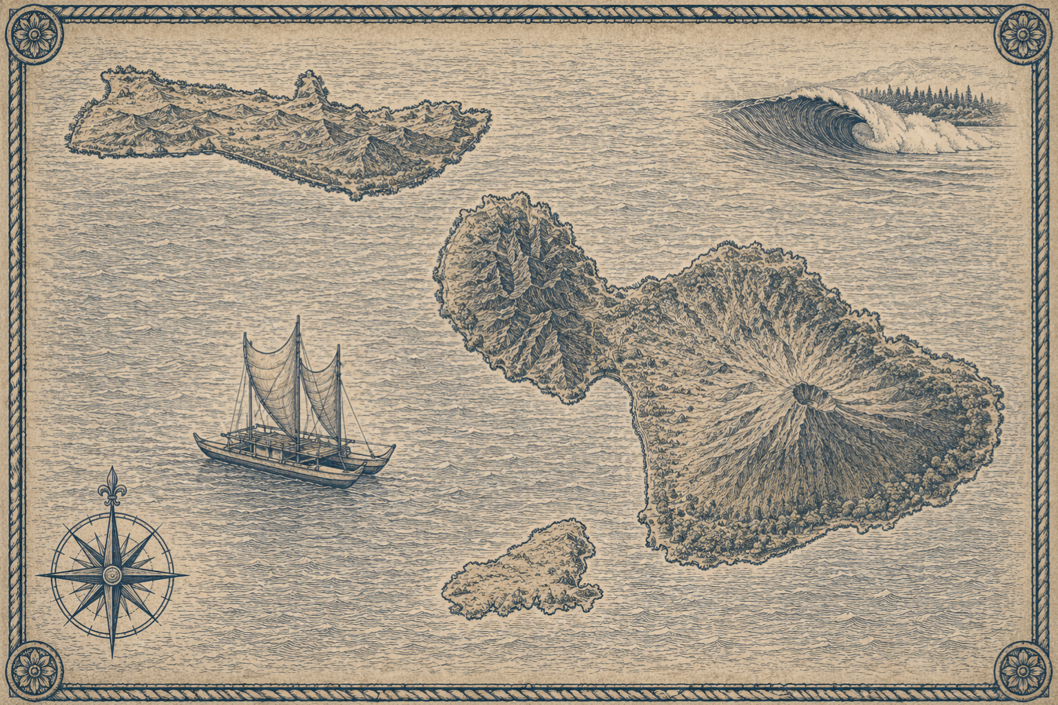 Illustrated navy-and-parchment map, in the style of an antique nautical chart.