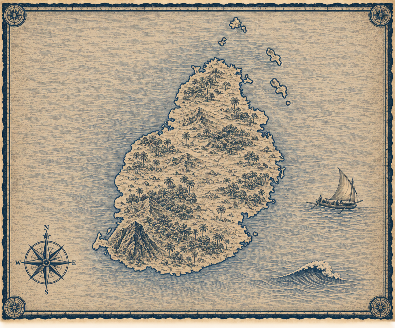Illustrated navy-and-parchment map of Mauritius, in the style of an antique nautical chart.