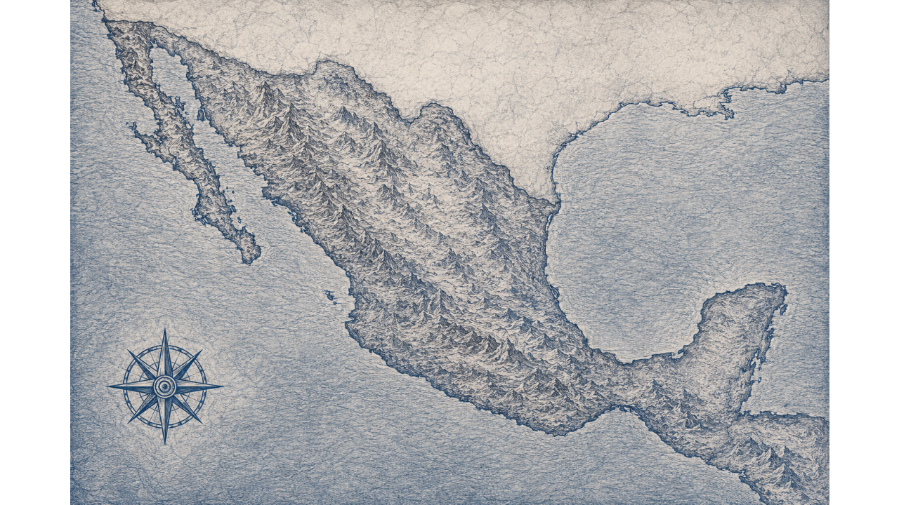 Illustrated navy-and-parchment map of Mexico, in the style of an antique nautical chart.