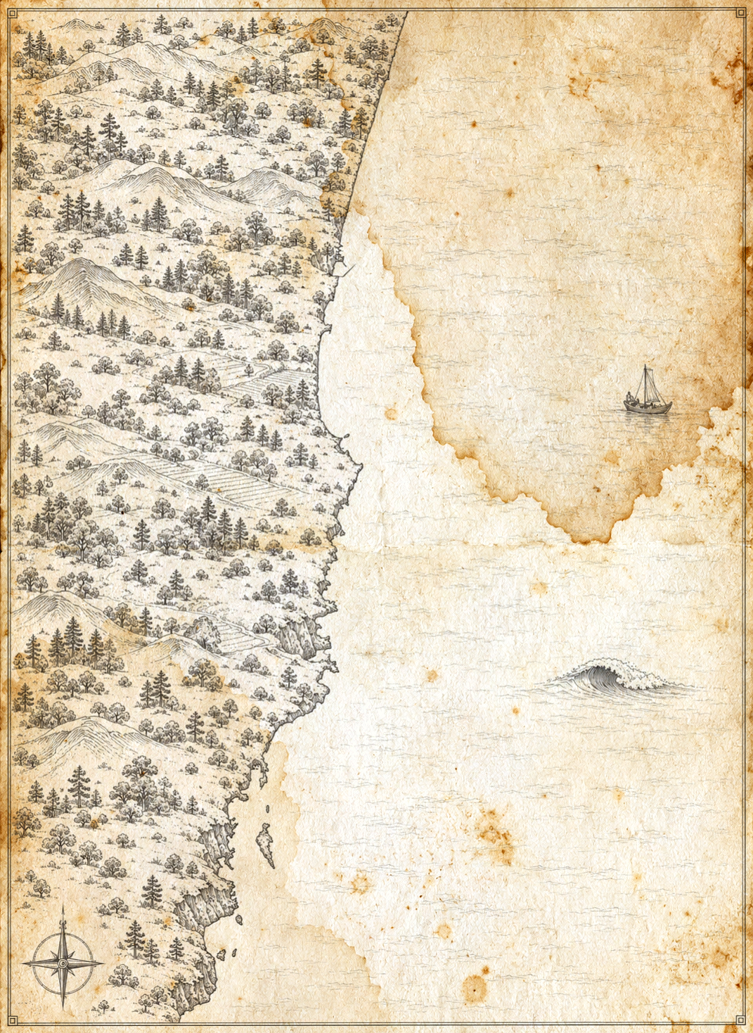 Illustrated map of Miyazaki, in the style of an antique nautical chart.