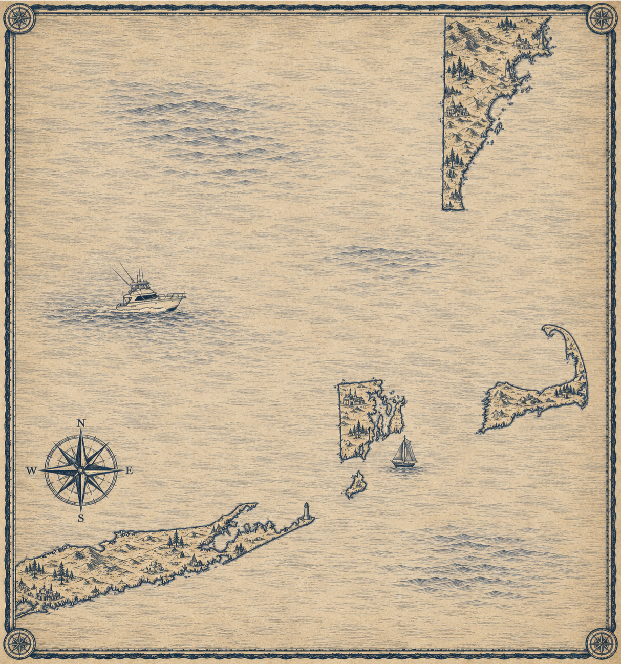 Illustrated navy-and-parchment map of Montauk and the North Atlantic coast, in the style of an antique nautical chart.