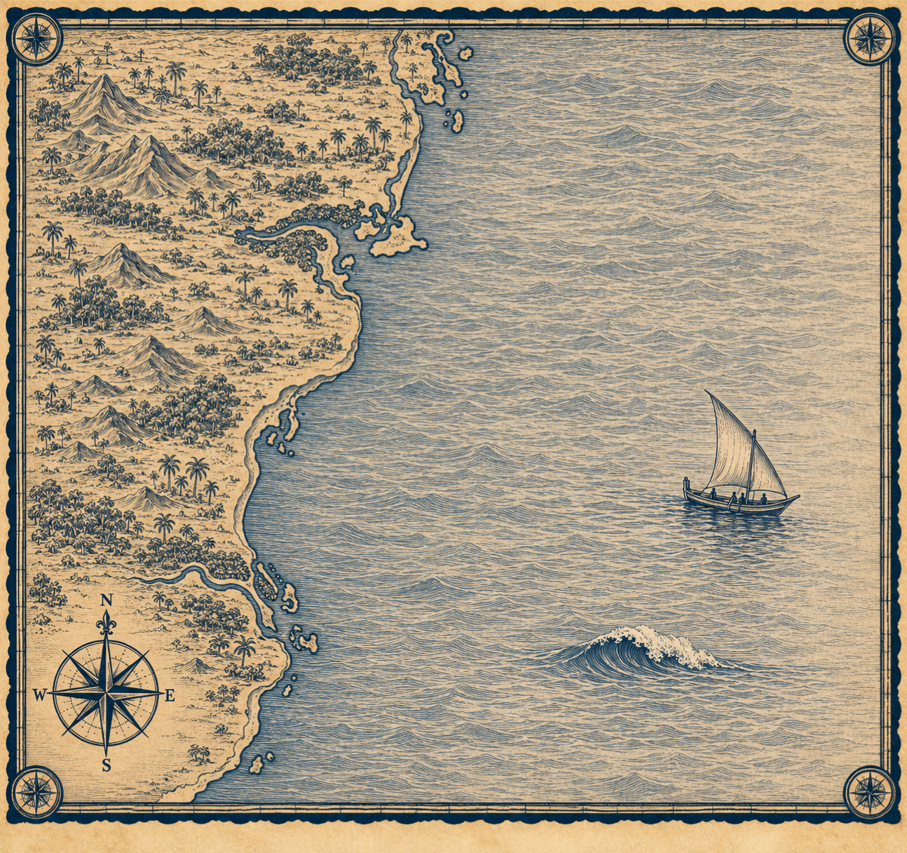Illustrated navy-and-parchment map of Mozambique, in the style of an antique nautical chart.