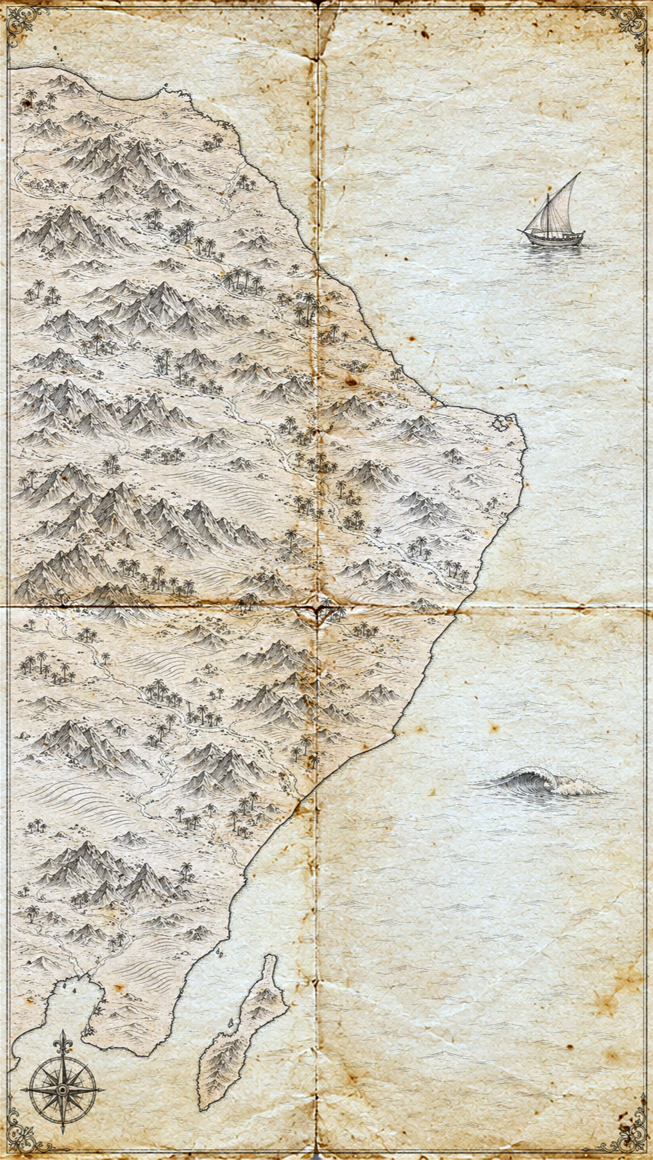 Illustrated map of Oman's east coast from Muscat to Masirah, in the style of an antique nautical chart.