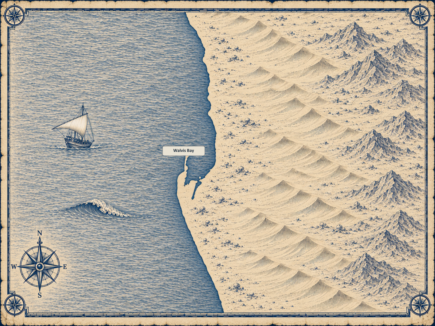 Illustrated navy-and-parchment map of Namibia, in the style of an antique nautical chart.