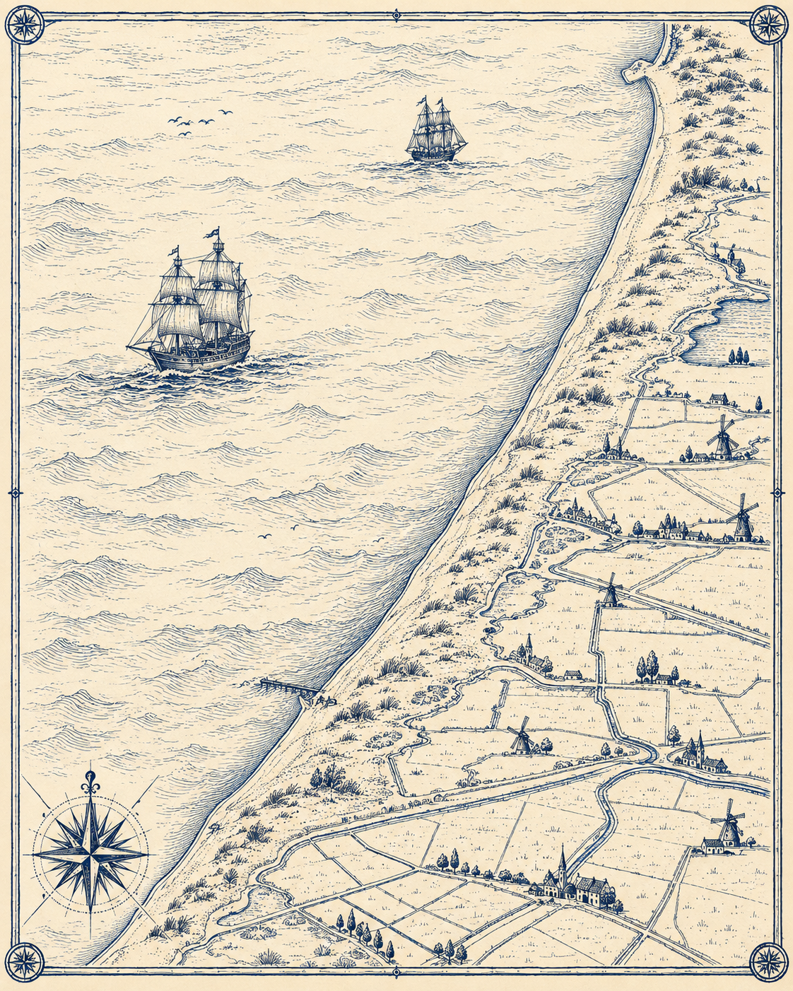 Illustrated navy-ink map of the Dutch North Sea coast and its polder farmland, in the style of an antique hand-drawn chart.