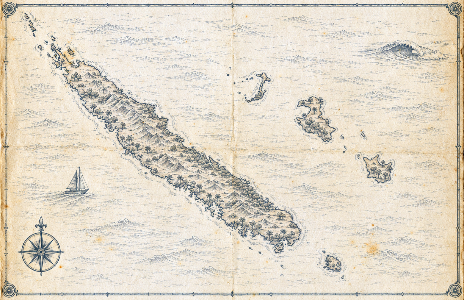 Illustrated map of New Caledonia, in the style of an antique nautical chart.