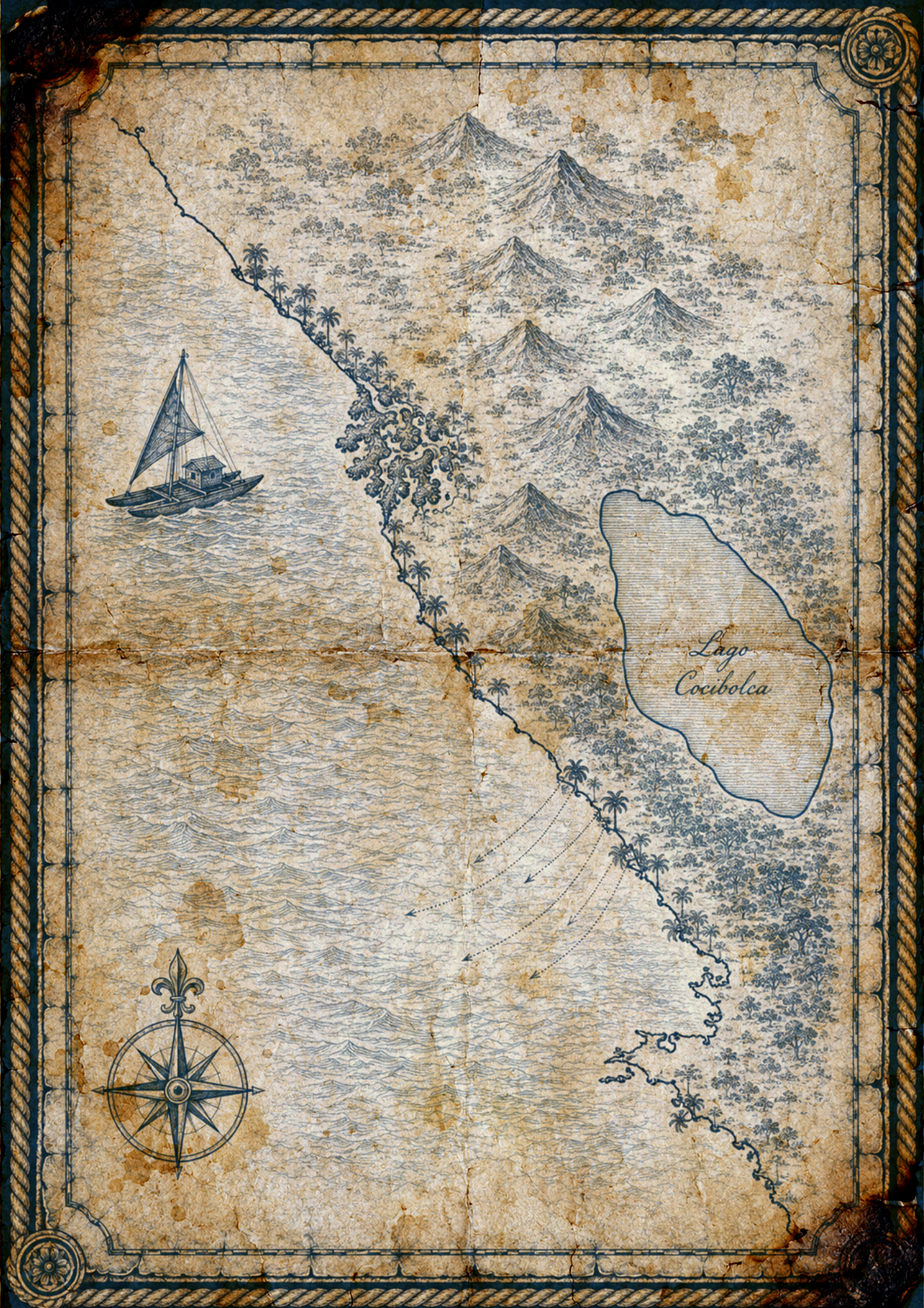 Illustrated navy-and-parchment map of Nicaragua's Pacific coast, in the style of an antique nautical chart.