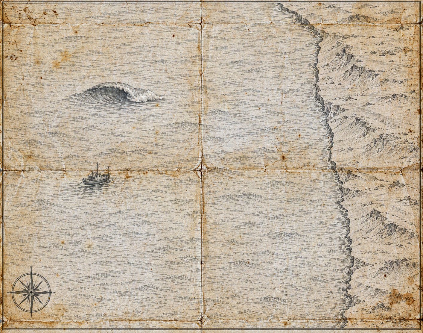 Illustrated graphite-grey-ink map of North Chile, in the style of an antique nautical chart.