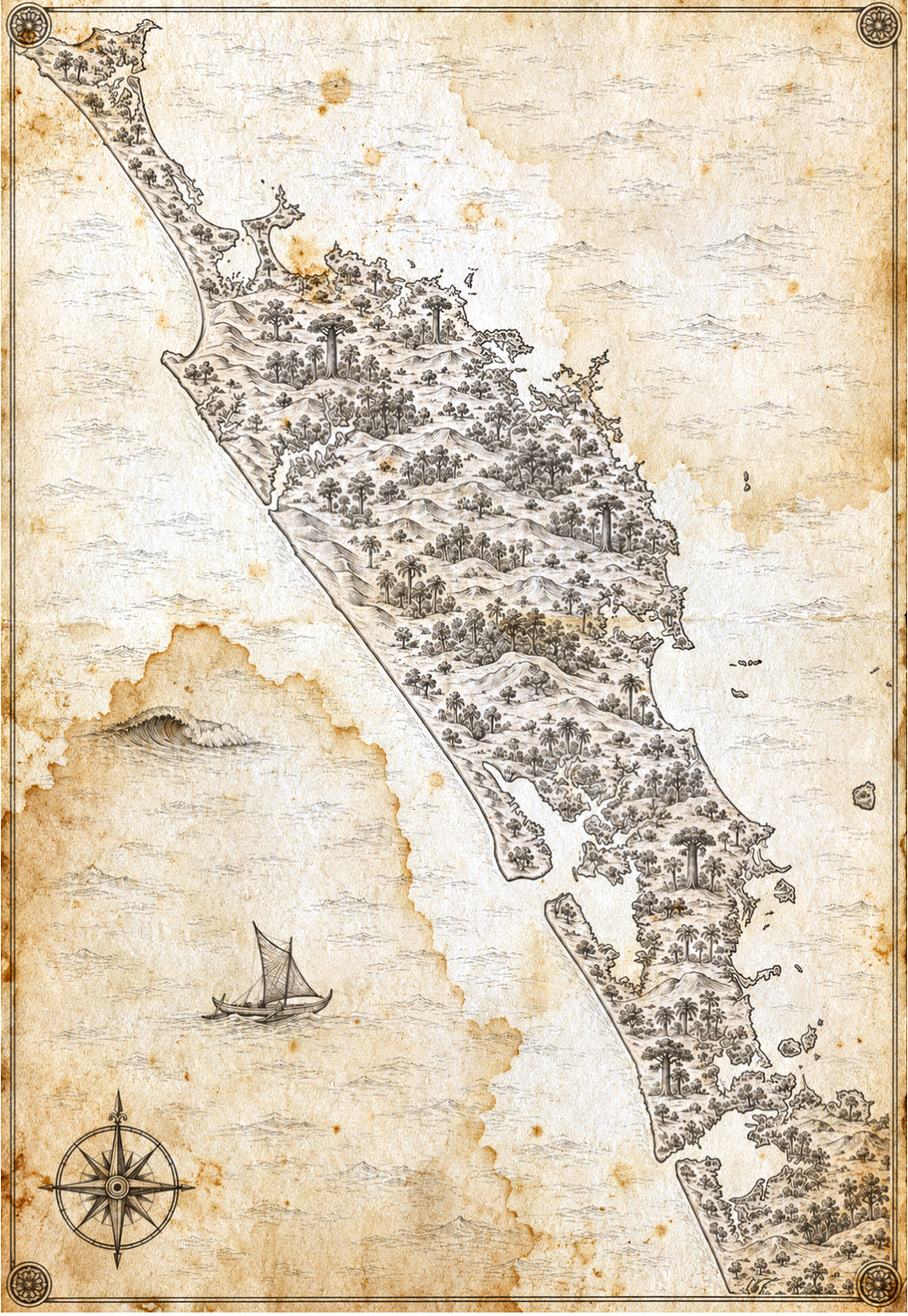 Illustrated map of Northland and Auckland, in the style of an antique nautical chart.