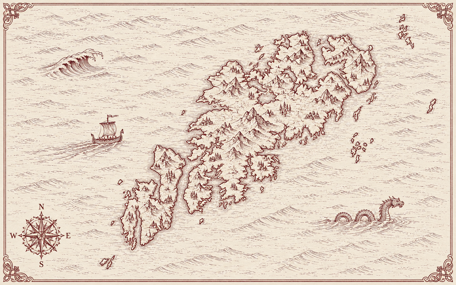 Illustrated burgundy-ink map of the Lofoten Islands, in the style of an antique hand-drawn chart.