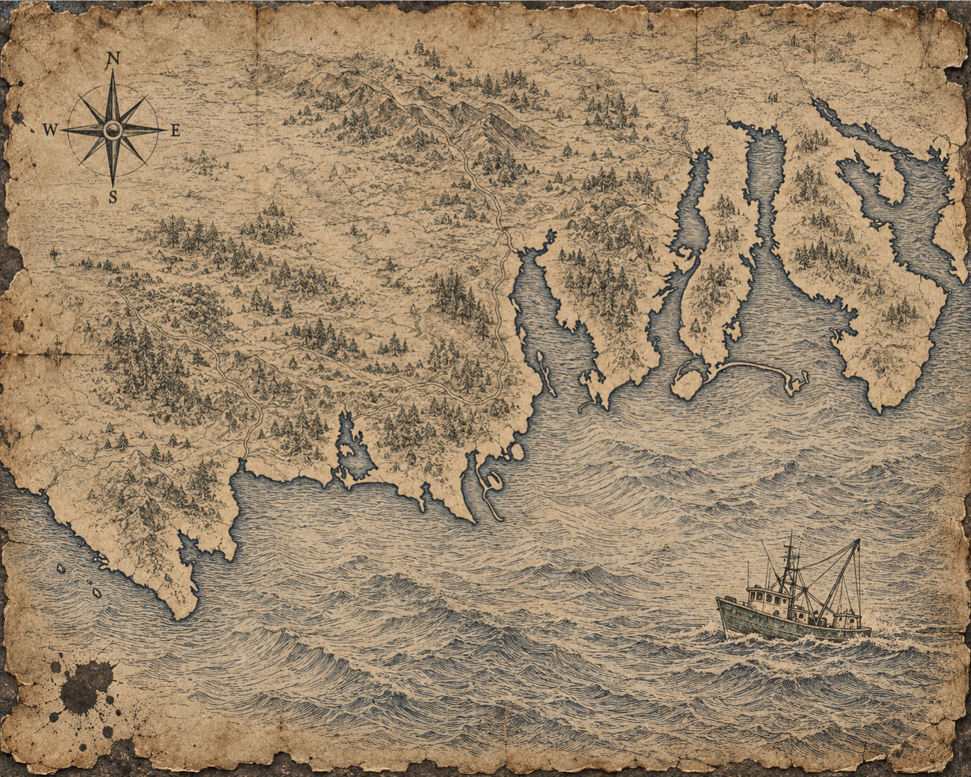 Illustrated navy-and-parchment map of Nova Scotia, in the style of an antique nautical chart.