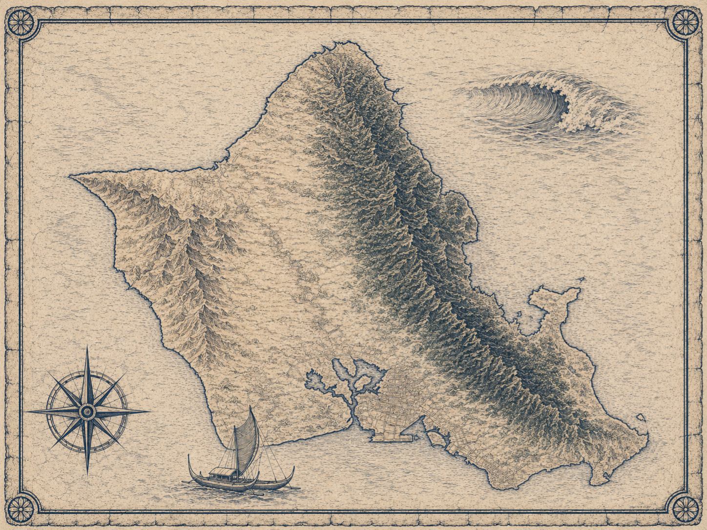 Illustrated navy-and-parchment map, in the style of an antique nautical chart.